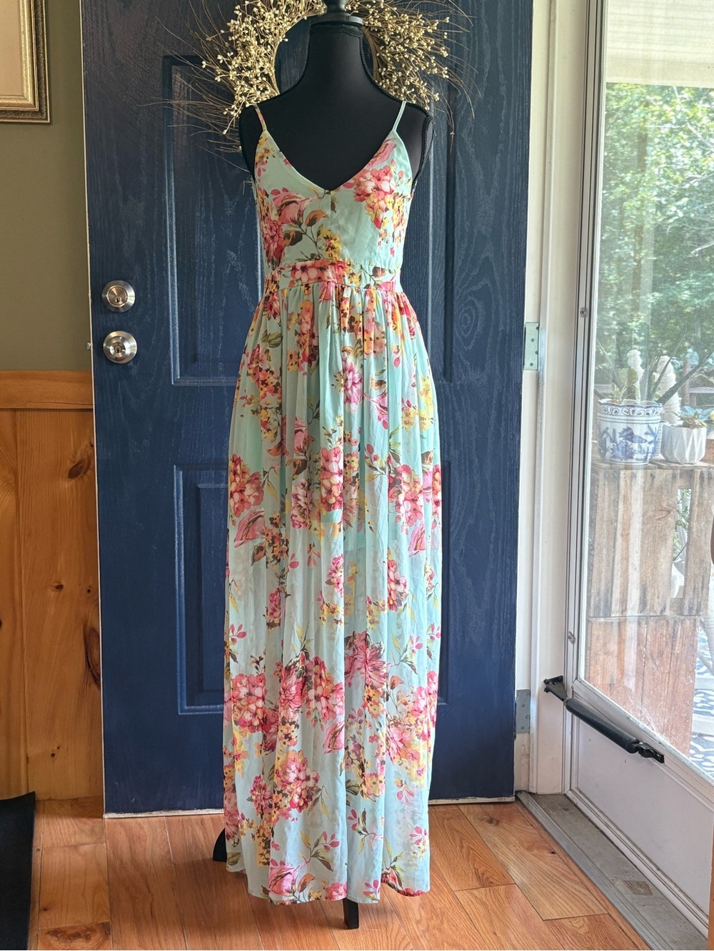 Miss Avenue Floral Adjustable Spaghetti Strap Backless Maxi Dress size Large